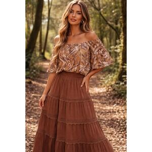 Women's Medium Top Off Shoulder Flare Sleeve Forest Fairy Tropical Resort Vaca
